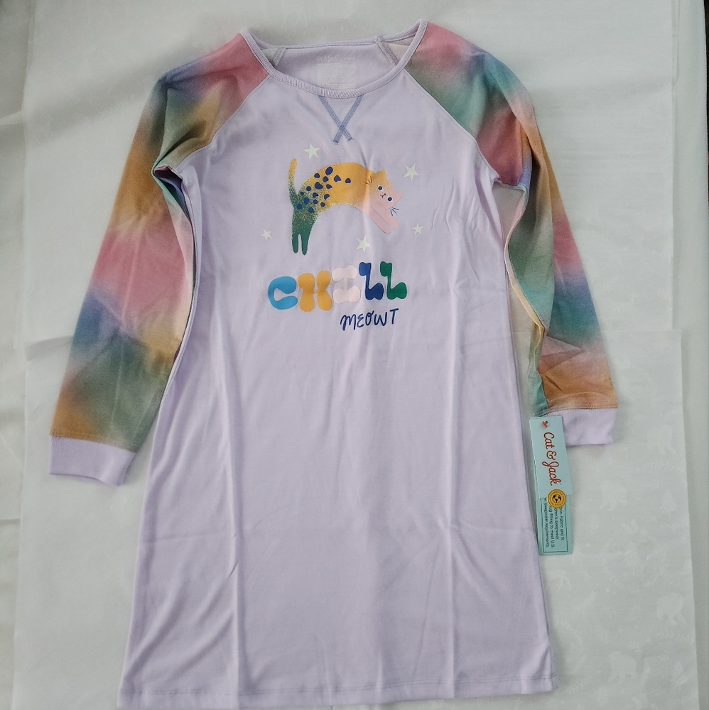 💕✨️NWT Cat & Jack girls nightgown sleep shirt cat meow purple tie dye L 10/12
